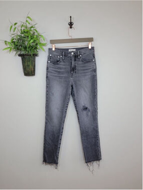 Madewell 27 Perfect Vintage Jeans Knee Rip High Rise Raw Hem Cosner Black Gray